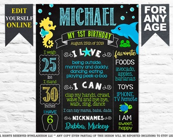 Under the sea First Birthday chalkboard sign - 1st party chalk board poster banner milestone template supplies favors - dolphin turtle (594)