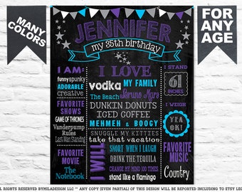 Könnte beinhalten: Eine schwarze Geburtstagstafel im Tafelstil mit dem Namen "Jennifer" und "my 35th birthday" in Lila und Türkis. Das Schild enthält Sätze wie "I love vodka" und "Favorite Music: Country". Es ist 155 cm hoch.