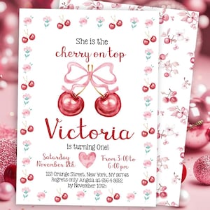 Editable Cherry Birthday Party invitation - Instant download template digital (25-02)