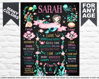 Mermaid Under the sea First Birthday Chalkboard sign - 1st party white chalk board poster banner milestone for girl ocean turtle (596black)