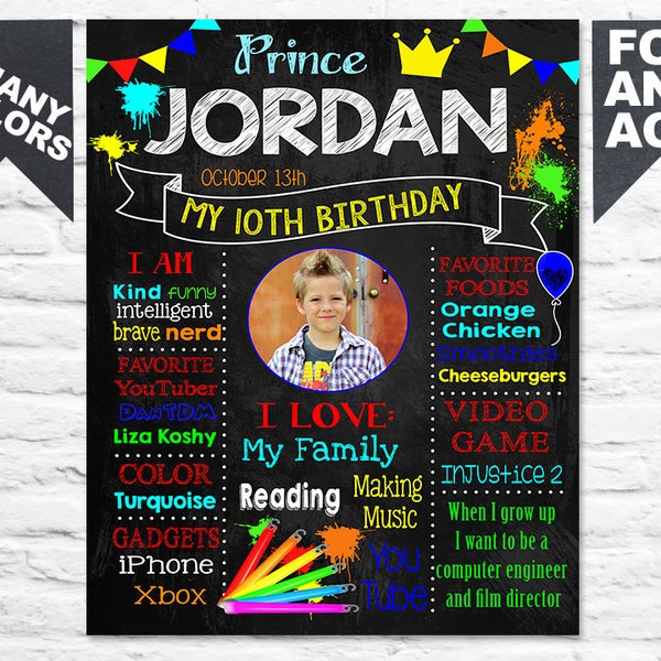 Art Paint Birthday Party chalkboard sign - 10th bday poster banner milestone chalk board blackboard facts favor with photo PRINTABLE (414)