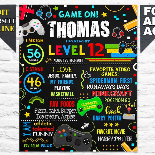 Gamer Birthday Party Milestone Sign - Gaming Chalkboard poster board - Instant Download Custom editable template 1044