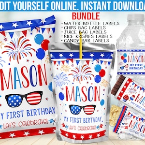 Red White and Blue July 4th Birthday Party Decorations -  Chip bag label favors - Candy Bar wrapper - Juice Label - Water Bottle sticker B19