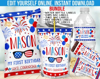 Red White and Blue July 4th Birthday Party Decorations -  Chip bag label favors - Candy Bar wrapper - Juice Label - Water Bottle sticker B19