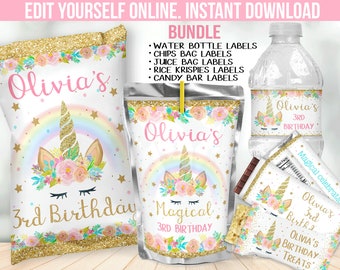 May include: A printable set of unicorn-themed party labels for a 3rd birthday. The labels feature a gold glitter background, a rainbow, and a unicorn with a pink floral crown. The labels are for water bottles, chips bags, juice bags, rice krispies treats, and candy bars. The labels are editable and can be personalized with the child's name and age.