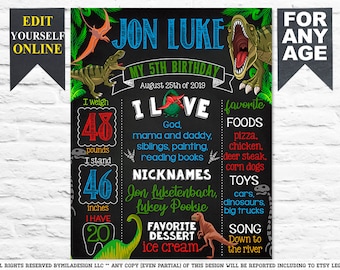 Dinosaur Birthday chalkboard sign - 10th party chalk board poster banner milestone template supplies favors (773)