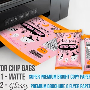 May include: Pink Halloween-themed chip bag design with the text "Madison's 1st BOO-THDAY" and Halloween graphics. The design includes ghosts, pumpkins, bats, and spiderwebs. The image also shows paper options for chip bags.