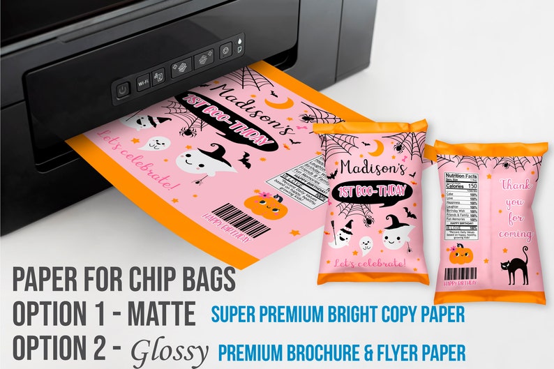 May include: Pink Halloween-themed chip bag design with the text "Madison's 1st BOO-THDAY" and Halloween graphics. The design includes ghosts, pumpkins, bats, and spiderwebs. The image also shows paper options for chip bags.