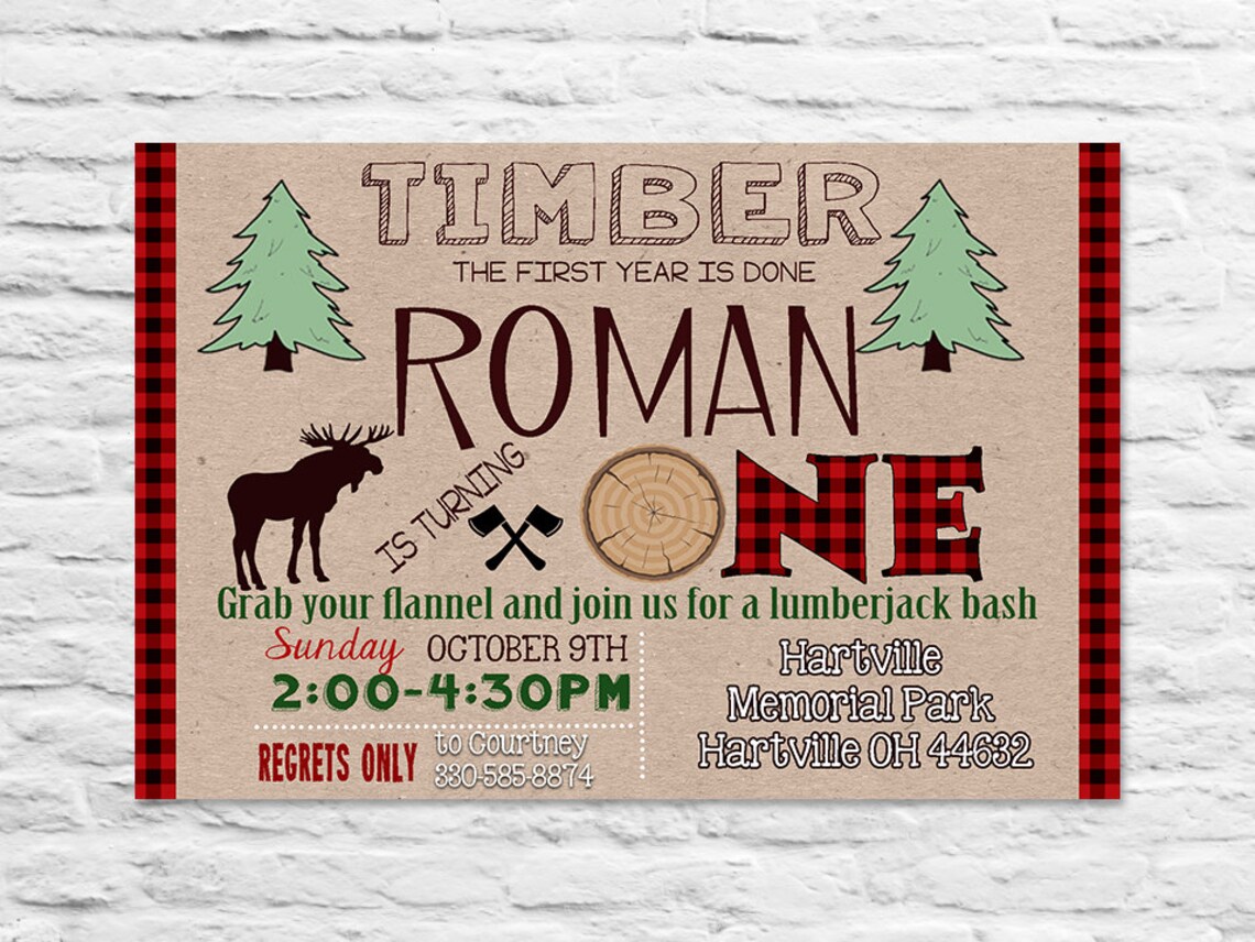 Printable Lumberjack FIRST Birthday Party Invitation or thank | Etsy