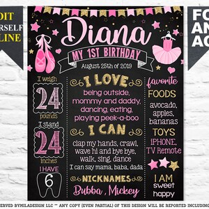 Ballerina Ballet Birthday chalk board chalkboard milestone template sign poster banner decorations (800)