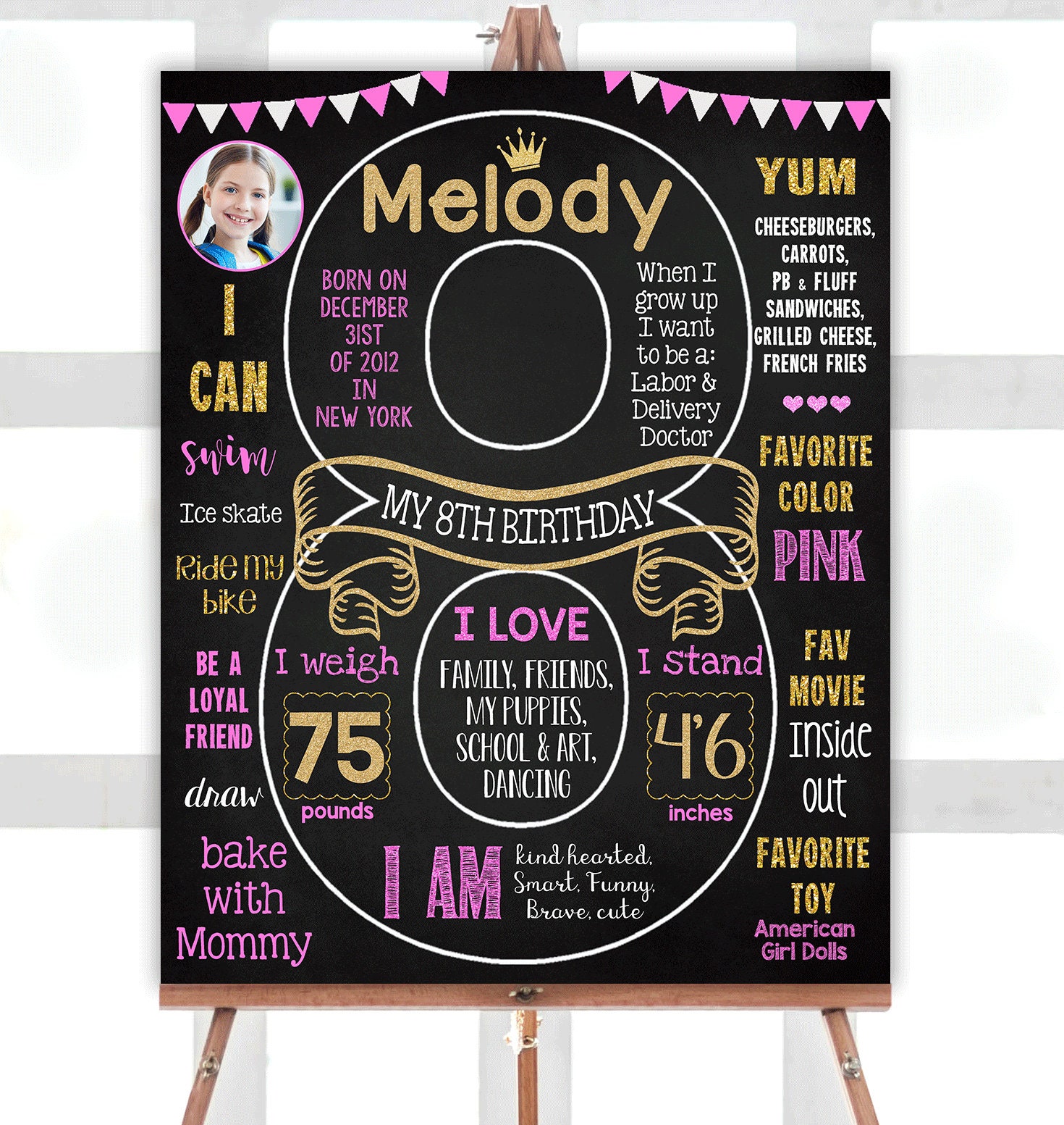 Editable 8th Birthday Chalkboard Sign With Photo - Girl Party Sign