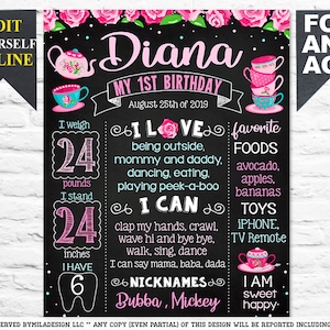 May include: A chalkboard-style birthday sign with the name "Diana" and "My 1st Birthday" in pink lettering. The sign includes details like weight (24 pounds), height (24 inches), and favorite things. Decorative teacups and floral accents frame the text.