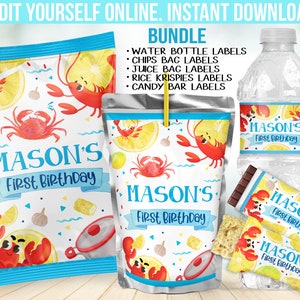 Crawfish Boil Birthday Party Decor Set -  First Birthday Chip bag label favors - Chocolate wrapper - Juice Water Bottle sticker B63