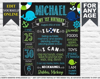 Whale nautical First Birthday chalkboard sign - 1st party chalk board poster banner milestone template supplies favors Under the sea (671)