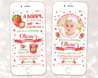 Strawberry Birthday invitation digital -  Berry Sweet 1st party text phone invite  - Instant download template e-vite (22-13 e)