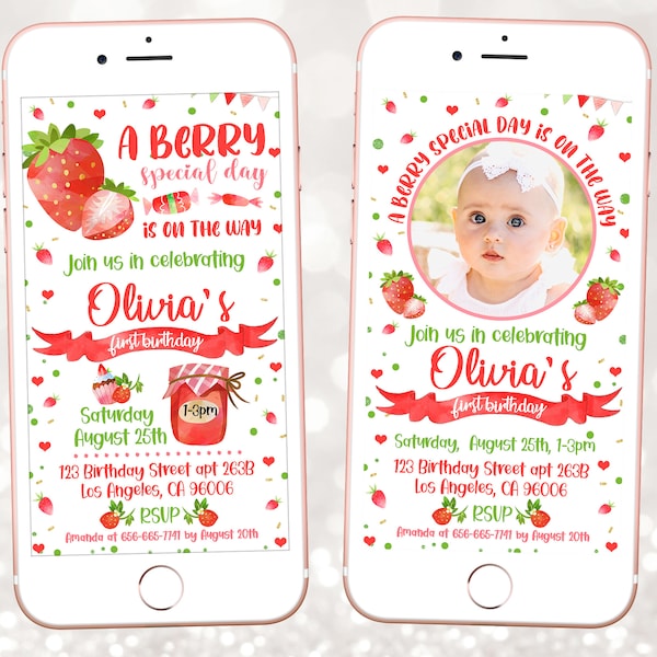 Strawberry Birthday invitation digital -  Berry Sweet 1st party text phone invite  - Instant download template e-vite (22-13 e)