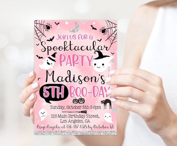 Halloween birthday invitation - Spooktacular Party Pink Ghost invite for a girl  - Boo Editable invitation template (21-21)