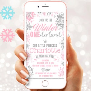 Electronic Winter Onederland first birthday e vite - Snowflakes digital invitation - Girl Boy Invite - evite template phone (20-60)