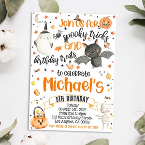 May include: Halloween-themed birthday party invitation with watercolor illustrations of a ghost, bat, pumpkin, and mummy. The invitation text reads "Join us for spooky tricks and birthday treats to celebrate Michael's 5th Birthday."