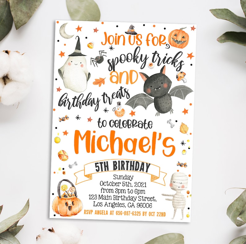 May include: Halloween-themed birthday party invitation with watercolor illustrations of a ghost, bat, pumpkin, and mummy. The invitation text reads "Join us for spooky tricks and birthday treats to celebrate Michael's 5th Birthday."