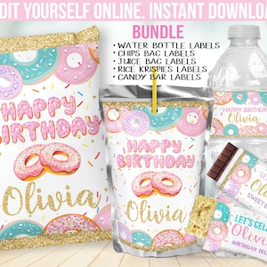 Donut Birthday Party Decor -  Doughnut 1st Chip bag label favors - Candy Bar wrapper - Juice Label - Water Bottle sticker - Gable box B13