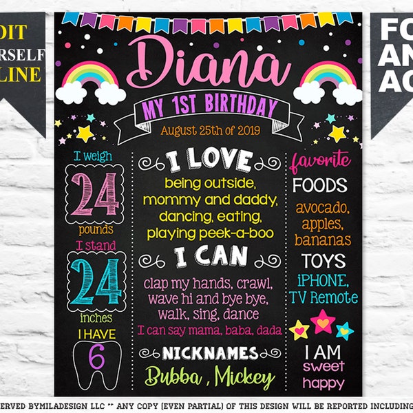 Rainbow First Birthday chalkboard sign - 1st party chalk board poster banner milestone template (811)