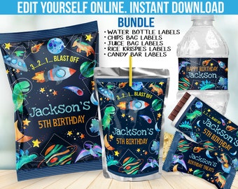 以下が含まれることがあります： 宇宙をテーマにした誕生日パーティー用の印刷可能なラベルのセット。ラベルは、星、惑星、ロケットが描かれた青い背景になっています。ラベルのテキストには、「3...2...1... Blast Off」と「Jackson's 5th Birthday」と書いてあります。