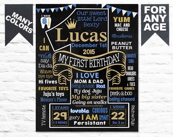 Gold Crown Prince Birthday chalkboard Party chalk board milestone poster banner sign for a girl royal celebration blue white (126)