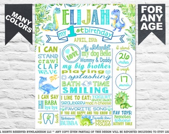 Dinosaurs Dino First Birthday party sign -  white chalk board chalkboard poster banner milestone for a boy - wild one - PRINTABLE tx (618)