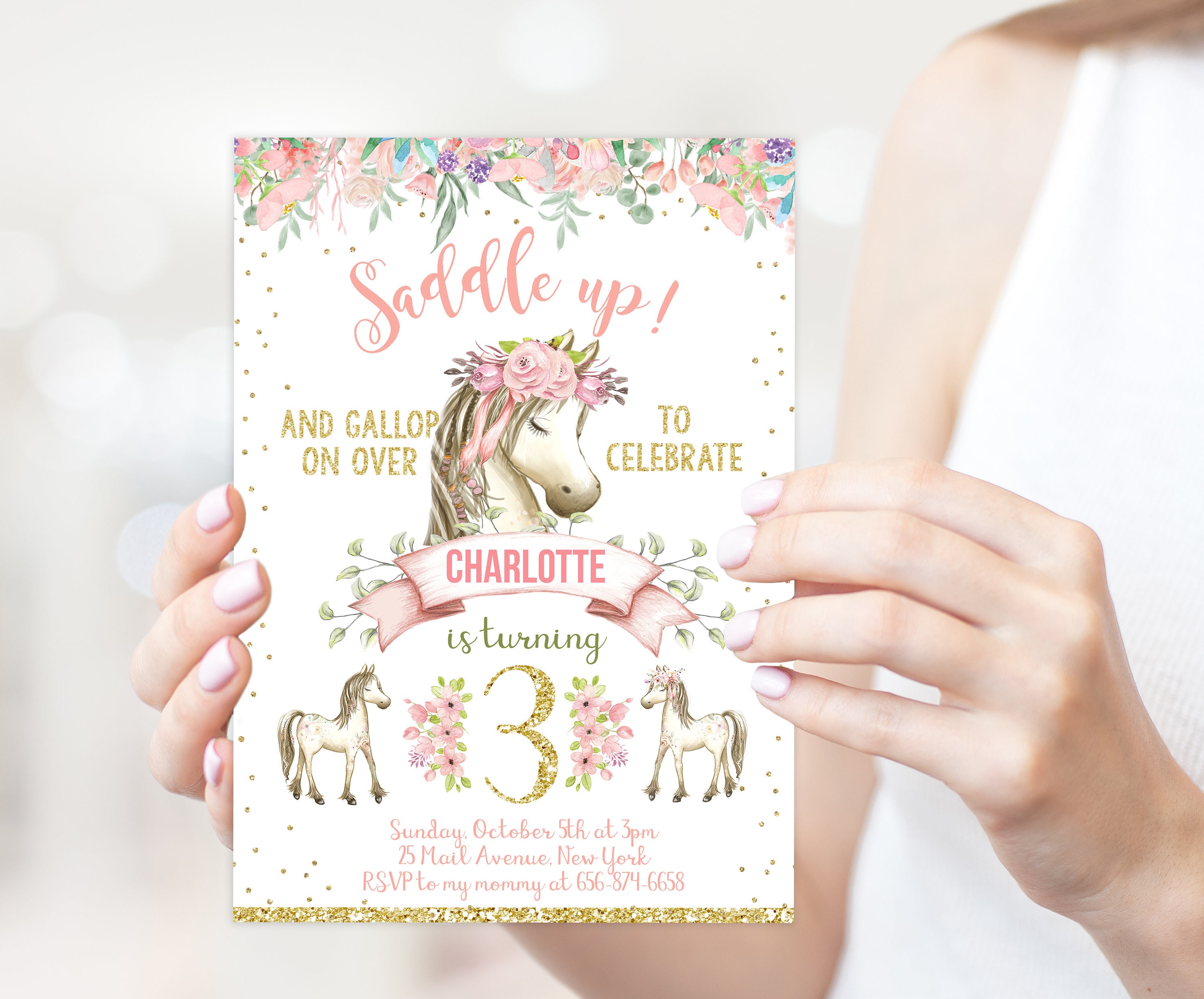 Editable Horse birthday invitation - Cowgirl party invite card - temp…