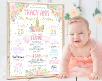 Editable Unicorn Birthday Milestone - First 1st Party chalkboard sign for a girl with photo - Digital Board Template (497)