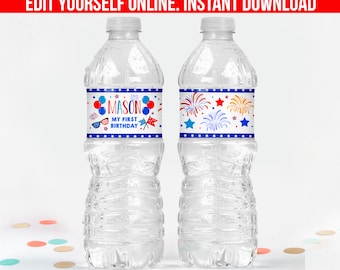 Red White and Blue July 4th Birthday Party Decorations Water Bottle sticker B19