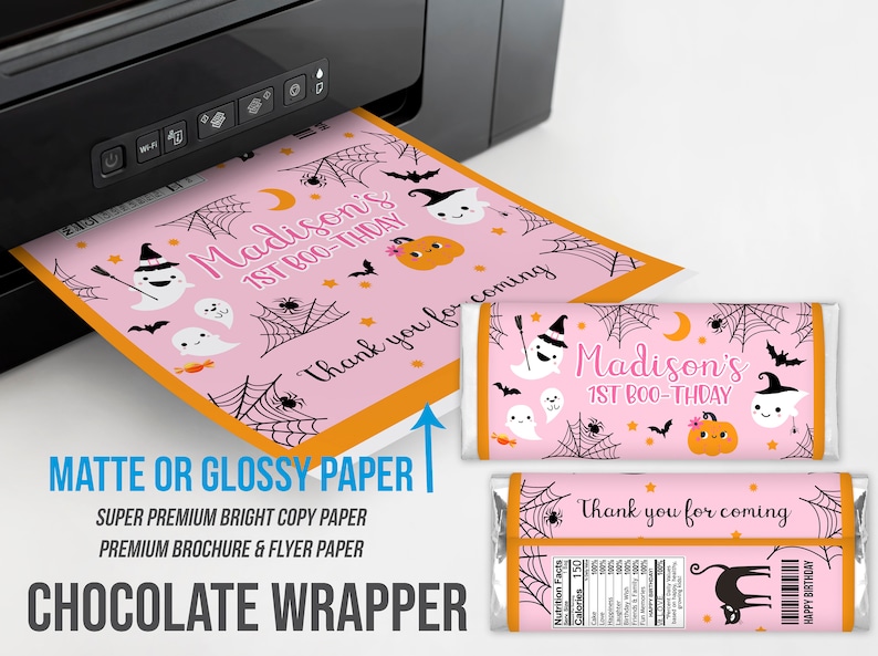 May include: Pink Halloween-themed chocolate wrapper with the text "Madison's 1st BOO-THDAY" and "Thank you for coming". The design includes ghosts, pumpkins, bats, and spiderwebs. Printed on matte or glossy paper.