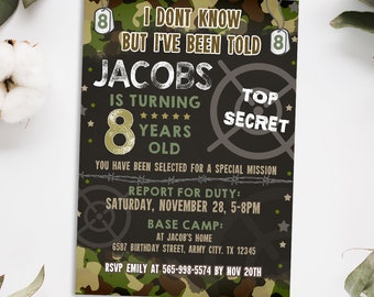 May include: A party invitation with a camouflage pattern background. The invitation reads "I DON'T KNOW BUT I'VE BEEN TOLD JACOBS IS TURNING 8 YEARS OLD." Additional text includes event details and RSVP information.