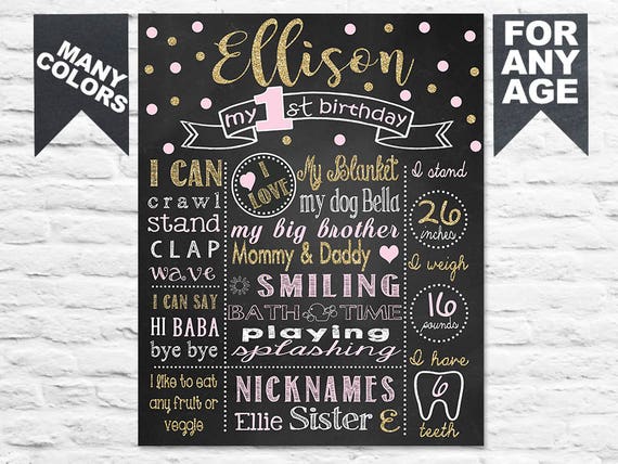 SKU CBI59 First Birthday Chalkboard Sign Printable Chalkboard Sign Girly Theme Birthday Chalkboard Size 16x20 inches