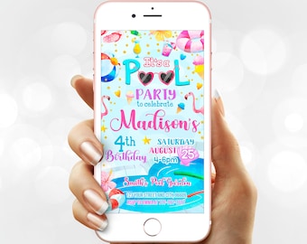 Digital Pool Party Birthday Invitation - Girl Flamingo phone Invite - Summer Party Instant download template for girl (22-32evite)