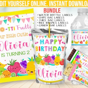 Twotti Frutti Birthday Party Decoration - Tutti Decor Chip bag label favors - Candy Bar wrapper - Juice Water Bottle sticker - Gable box B20