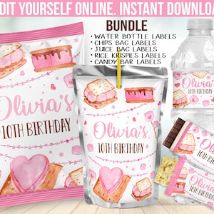 Smores Birthday Party Decorations for a girl - S'more Decor Favors with Chip bag Template, Water bottle label, Candy bar sticker B69