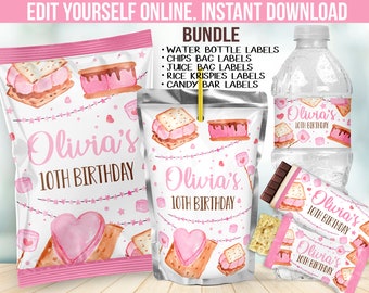Smores Birthday Party Decorations for a girl - S'more Decor Favors with Chip bag Template, Water bottle label, Candy bar sticker B69