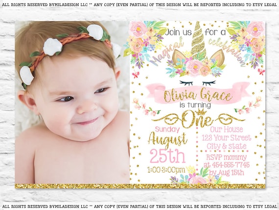 printable unicorn first birthday party invitation invites etsy