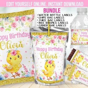 May include: A party supplies bundle featuring labels for water bottles, chips bags, juice bags, Rice Krispies, and candy bars. The designs include a yellow chick with a floral crown, the text "Happy Birthday Olivia", and floral accents.