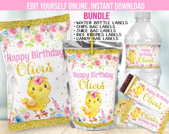 Editable Little Chick Birthday Party Favors  - Chicken Theme 1st decorations Chip bag for a girl - Editable Template download B72