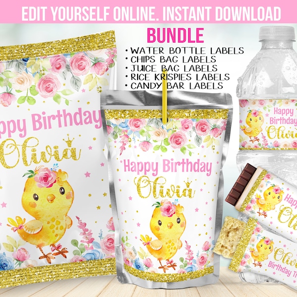 Editable Little Chick Birthday Party Favors  - Chicken Theme 1st decorations Chip bag for a girl - Editable Template download B72