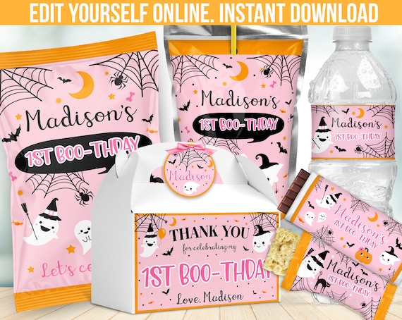 Halloween Birthday Party Decor - Ghost Editable Chip bag label wrapper - Juice sticker - Rice Candy Bar Wrapper  - Water Bottle labels B23