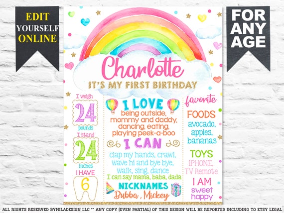 Rainbow First Birthday chalkboard sign - 1st chalk board poster milestone - Editable Digital Template (916)