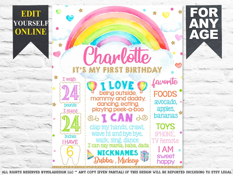 May include: A colorful first birthday milestone poster with a rainbow, clouds, and the name "Charlotte." The poster includes details about the child's weight (24 pounds), height (24 inches), and favorite things.