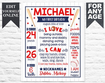 Baseball Birthday Milestone Sign - Editable Poster Chalkboard Boy theme Party - Edit Board Instant Template (1031)