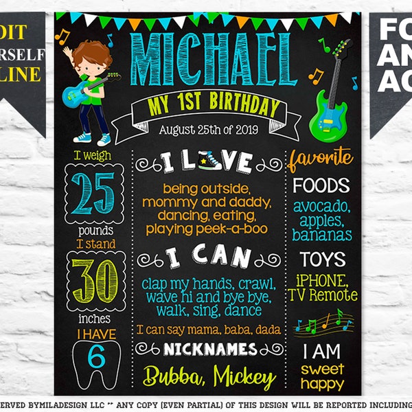 Party like a Rock star Birthday chalkboard sign - One Rocks 1st party chalk board poster banner milestone template music guitar (714)