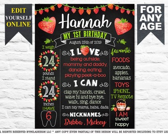Printable Strawberry birthday poster - Strawberry editable template - chalkboard sign - chalk board milestone first 1st party (931)