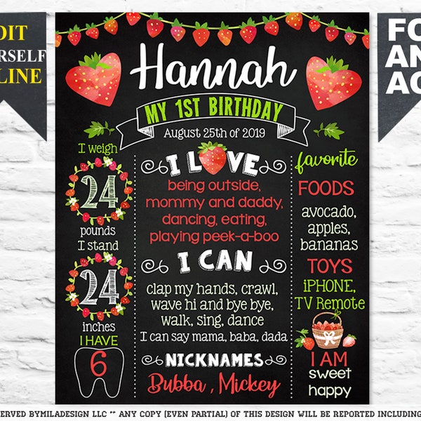 Printable Strawberry birthday poster - Strawberry editable template - chalkboard sign - chalk board milestone first 1st party (931)